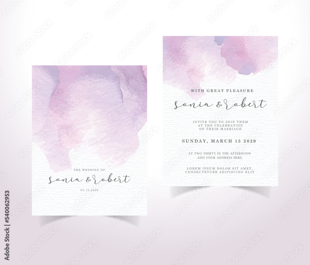 Watercolor invitation card template with purple brush strokes 