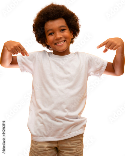 Child pointing at own t-shirt PNG