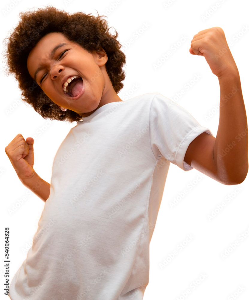 African American boy with black power hair on transparent background. Smiling Afro kid with a black power hair. Boy with a black power hair. African descent. PNG - obrazy, fototapety, plakaty 