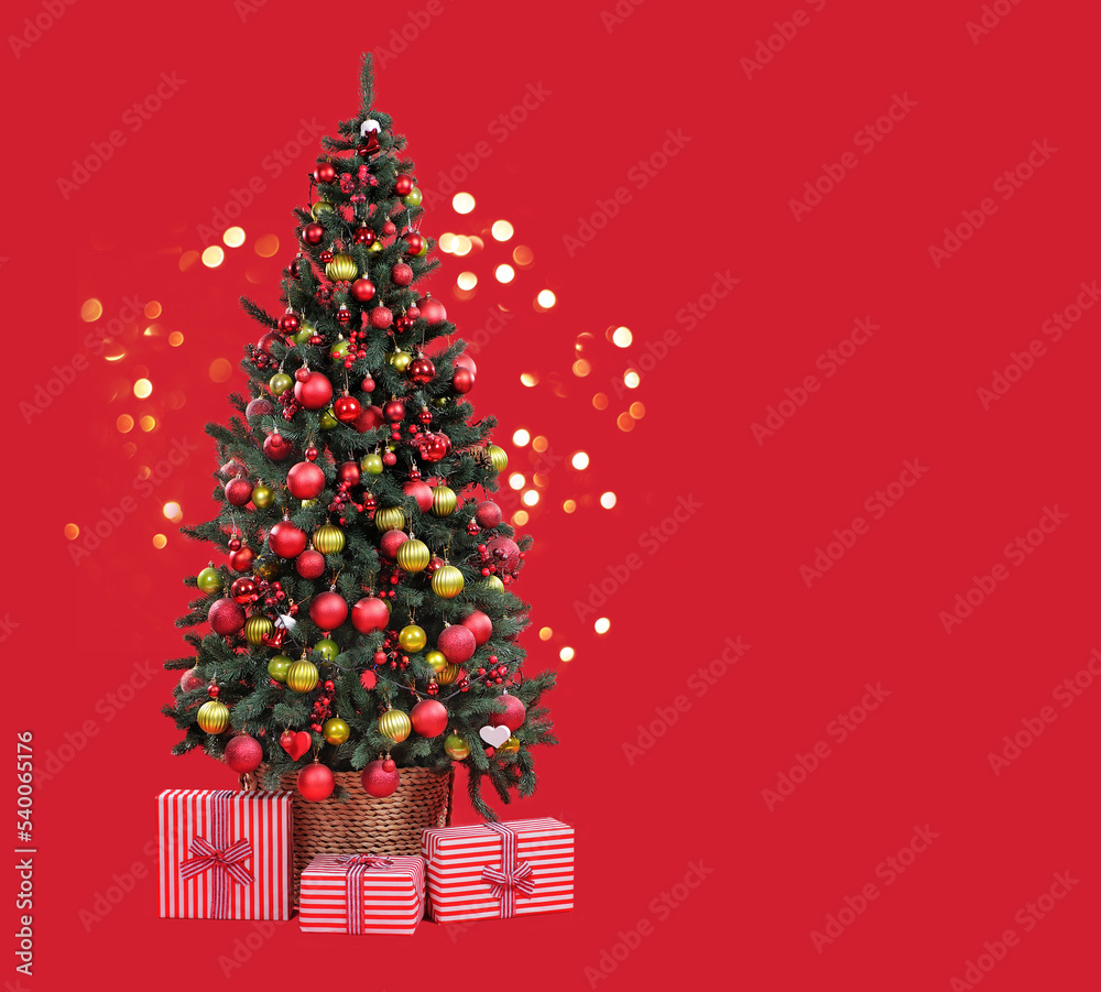 Christmas tree in a basket with gifts boxes against red background