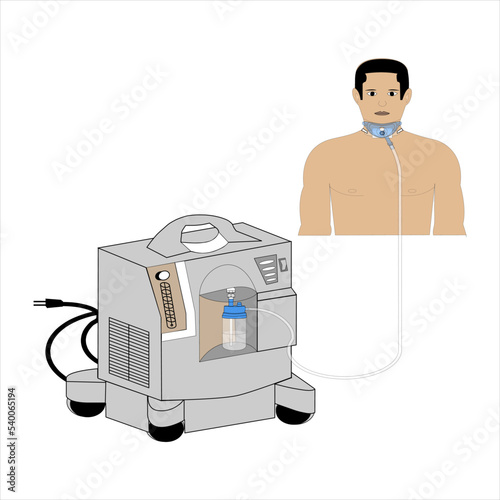 Paciente con equipo completo de traqueostomia traqueostomo mascara manguera vaso humidificador y concentrador de oxigeno