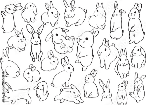 Cute Bunny doodle set. Pretty little rabbits set simple vector illustration.