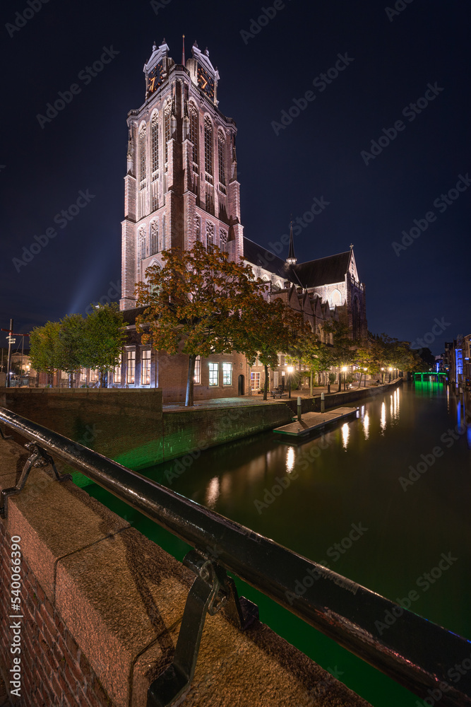 The Grote Kerk church in Dordrecht at illuminated night