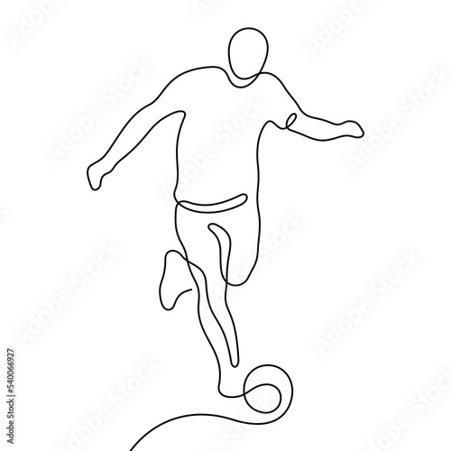 Football player one line illustration. Editable stroke soccer drawing.