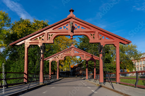 The Two gates on the Gamle Bybro or Old Town Bridge in Trondheim, Norway. Gamble Bybro is one of the old town bridges that is used to reach the Bakklandet neighborhood. 