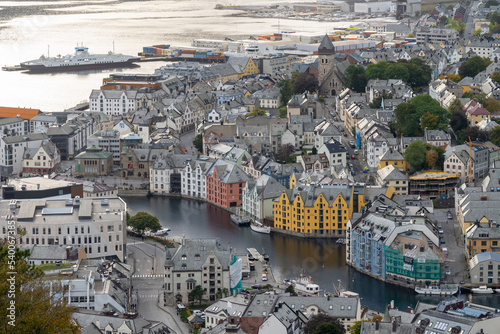 Aerial view of Alesund port town on cloudy day, Norway. Alesund is a port town on the west coast of Norway.