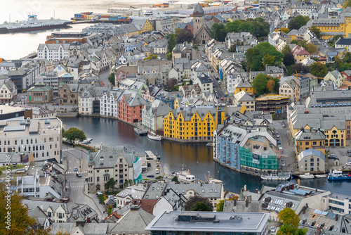 Aerial view of Alesund port town on cloudy day  Norway.  Alesund is a port town on the west coast of Norway.