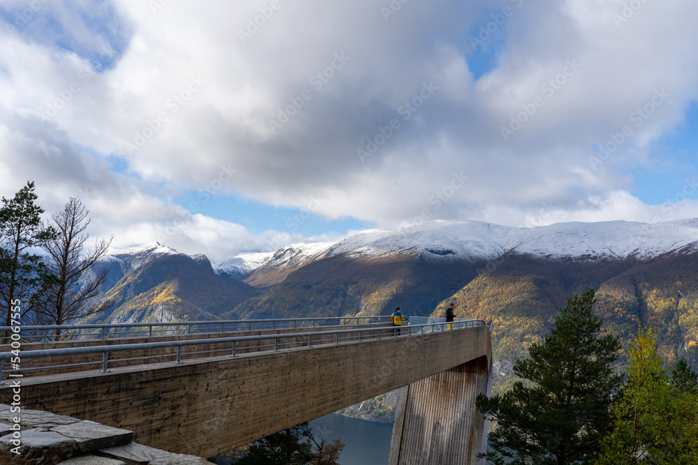 Stegastein viewpoint observation deck near Aurland in Norway. Stegastein is a scenic overlook on Sogn og Fjordane County Road 243 in Norway. Stegastein viewpoint observation deck near Aurland in Norway. Stegastein is a scenic overlook on Sogn og Fjordane County Road 243 in Norway.
