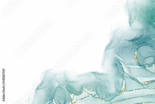 Fototapeta Pastel cyan mint liquid marble watercolor background with gold lines and brush stains