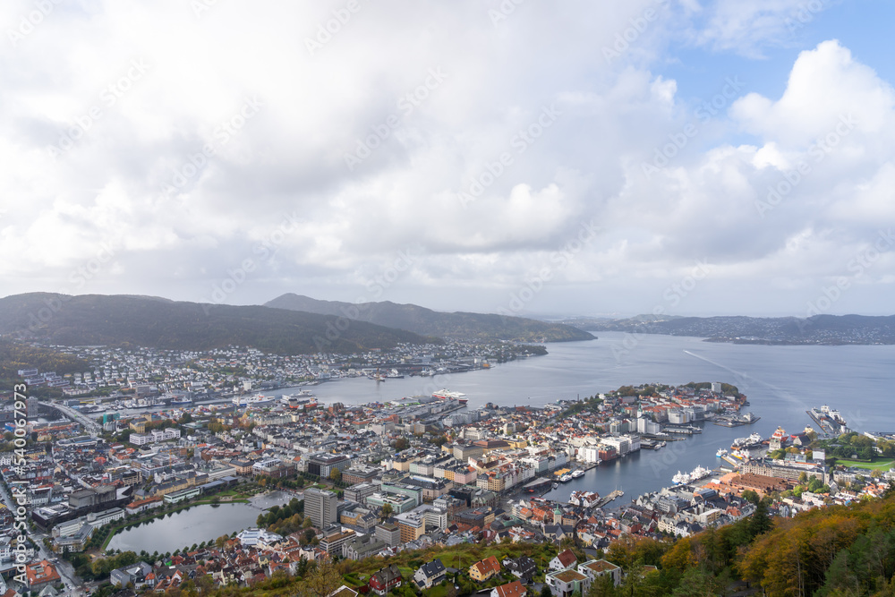 Cityscape of Bergen and harbor view from the top of Mount Floyen, Bergen, Norway. 