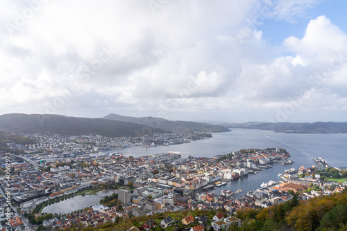 Cityscape of Bergen and harbor view from the top of Mount Floyen, Bergen, Norway. 