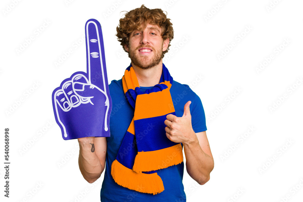 Young caucasian sports fan man isolated on white background smiling and raising thumb up Young caucasian sports fan man isolated on white background smiling and raising thumb up