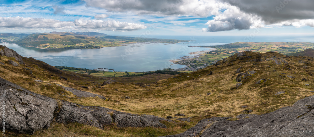 Panoramic photo of Slieve Donard slieve Bearnagh and Slieve Binnian  Mountains Carlingford Lough Louth Ireland.