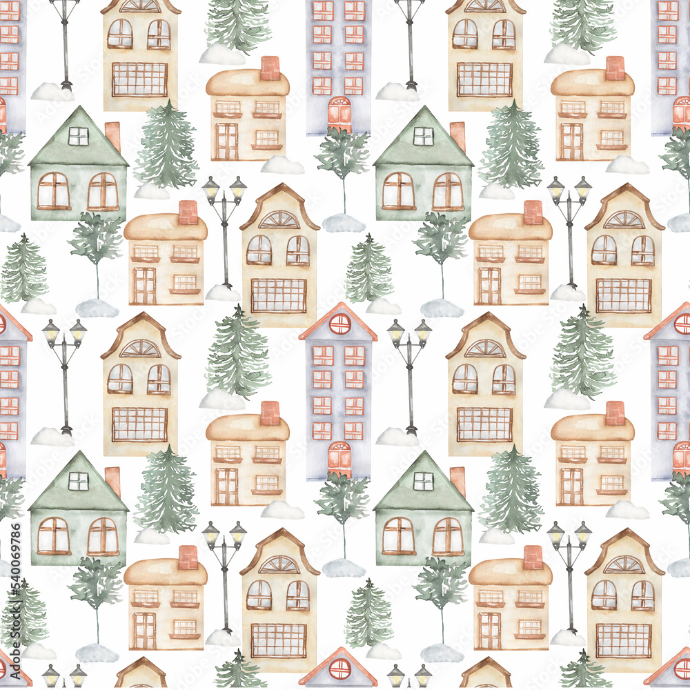 Seamless watercolor pattern with cute scandinavian houses and trees. Hand-drawn repeat paper . Design for clothing, textiles, postcards, wallpapers and wrappers Seamless watercolor pattern with cute scandinavian houses and trees. Hand-drawn repeat paper . Design for clothing, textiles, postcards, wallpapers and wrappers