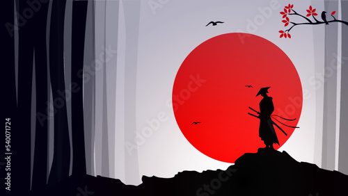 silhouette of a samurai in the night background. Japanese samurai warrior with a sword. Samurai with red moon wallpaper. red moon. japanese theme wallpaper.