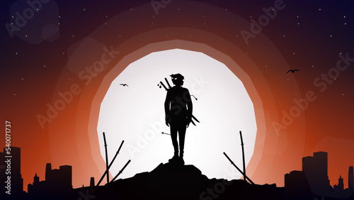 samurai boy anime wallpaper. samurai boy with oni mask on head. urban samurai boy. Samurai walpaper. silhouette of a samurai in the night background.