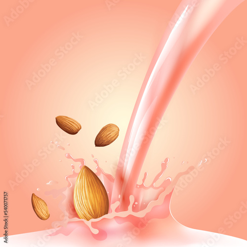 Strawberry milk splashing effect with almond in 3d illustration for design uses. Vector illustration