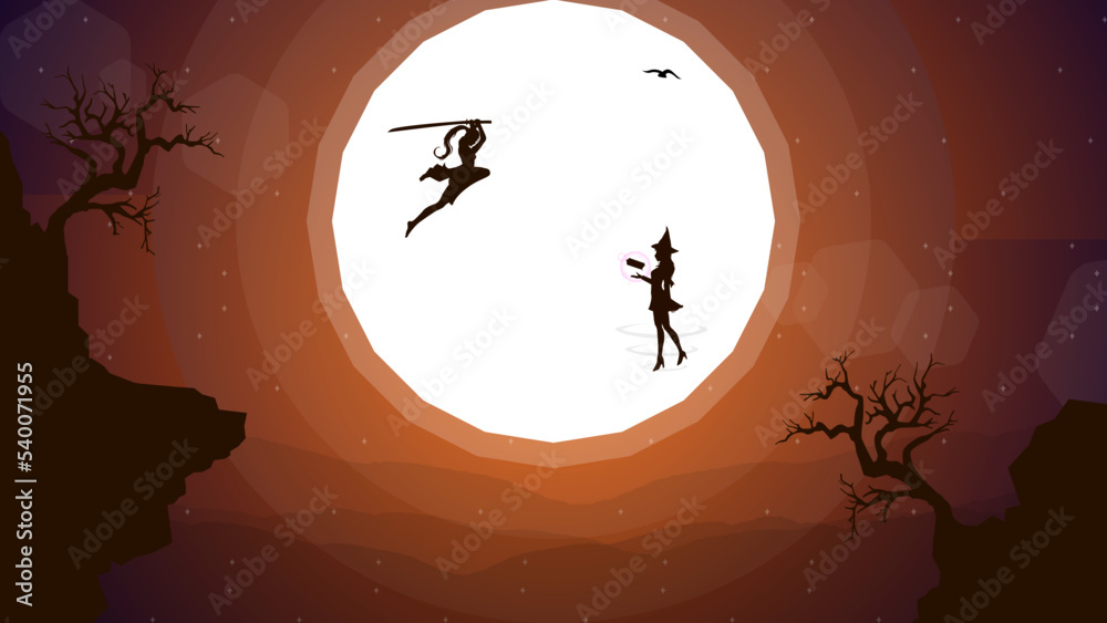 female swordsman duel. float witch. two swordsmen fighting. female swordsman jumps to attack. duel. sunset walpaper. fantasy background.