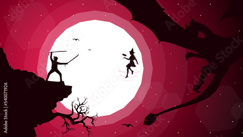 swordsman duel. silhouette of a person. duel. swordsman vs witch. float witch with dragon. fantasy background. samurai boy anime wallpaper. 