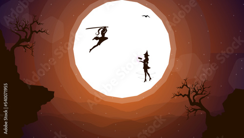 female swordsman duel. float witch. two swordsmen fighting. female swordsman jumps to attack. duel. sunset walpaper. fantasy background.