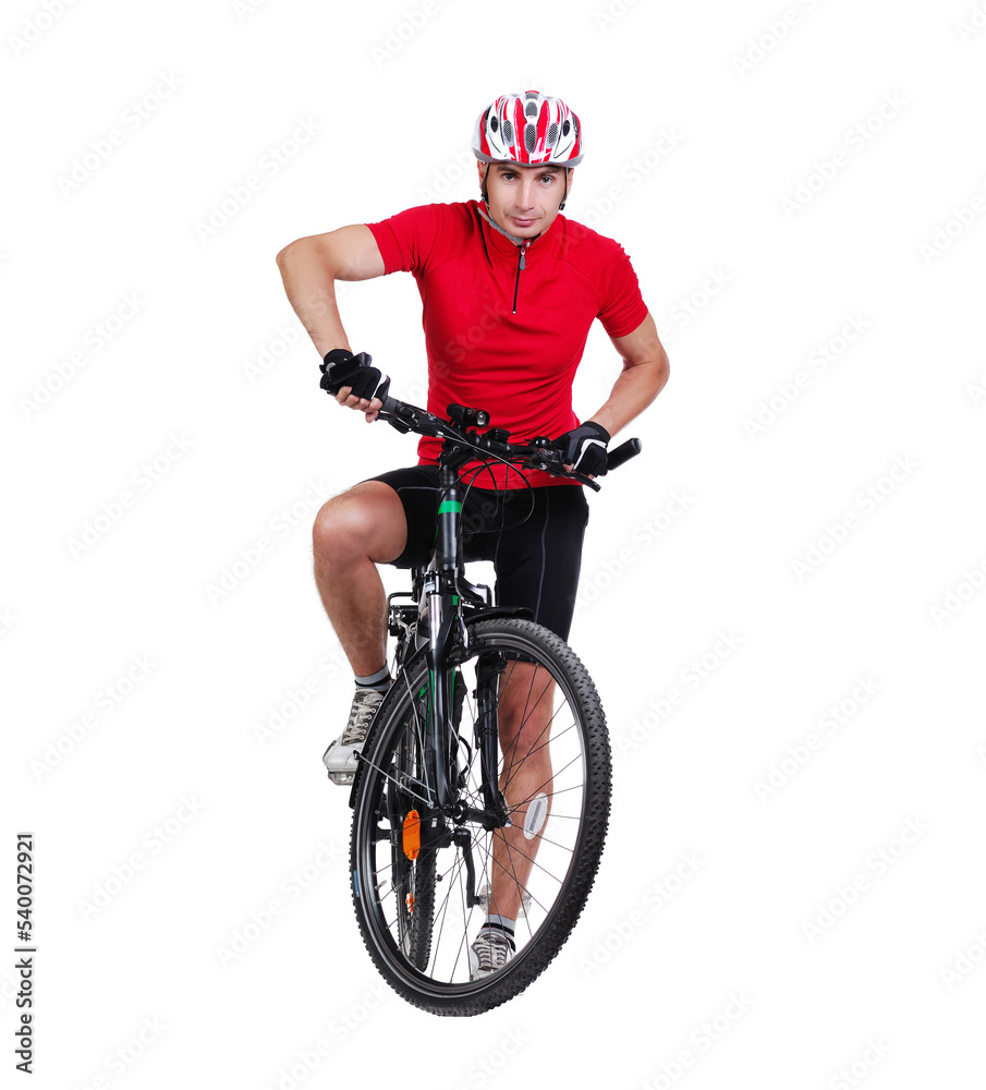 Cyclist in a white studio starting to cycle Cyclist in a white studio starting to cycle