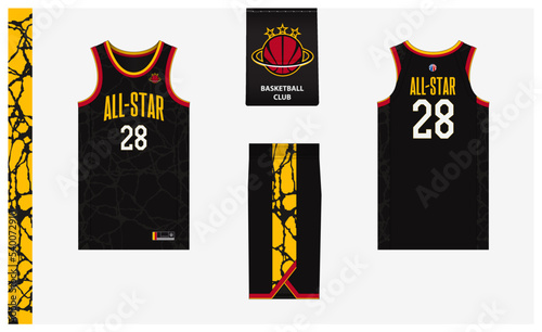 Basketball uniform mockup template design for basketball club. Basketball jersey, basketball shorts in front and back view. Basketball logo design.
