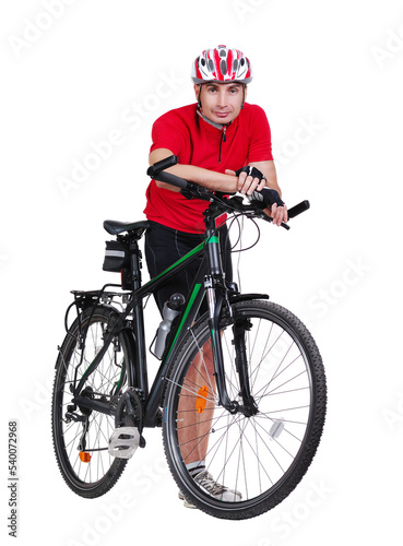 Cyclist leaning on his mountains bicycle