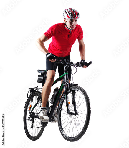 Cyclist riding his mountain bicycle in a white studio