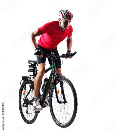 Full length picture of a cyclist riding his mountain bicycle in a white studio