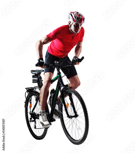 Full length portrait of a cyclist riding his mountain bicycle in a white studio