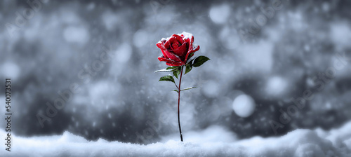 A computer generated single red rose stem growing up through snow against a blurred winter background, 3D illustration. A.I. generated art.