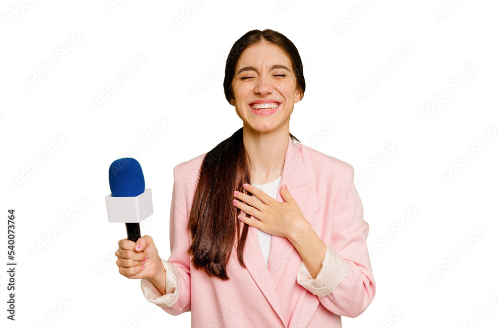 Young TV presenter caucasian woman isolated laughs out loudly keeping hand on chest. Young TV presenter caucasian woman isolated laughs out loudly keeping hand on chest.