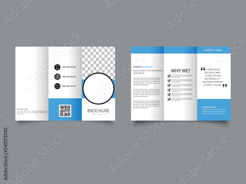 Blue trifold brochure with circle. Template. Vector.