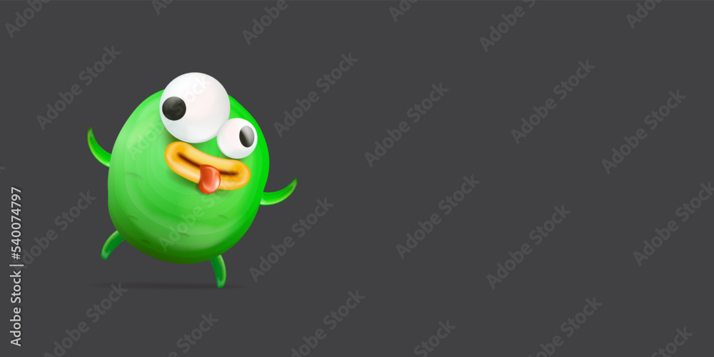 Fototapeta premium Vector cartoon funny green alien monster isolated on grey background. Smiling silly green monster print sticker design template. Cute Ghost, troll, gremlin, goblin, devil and halloween monster