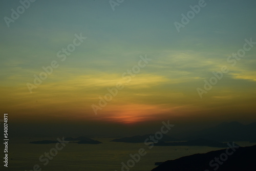 High angle of calm seascape at sunset 