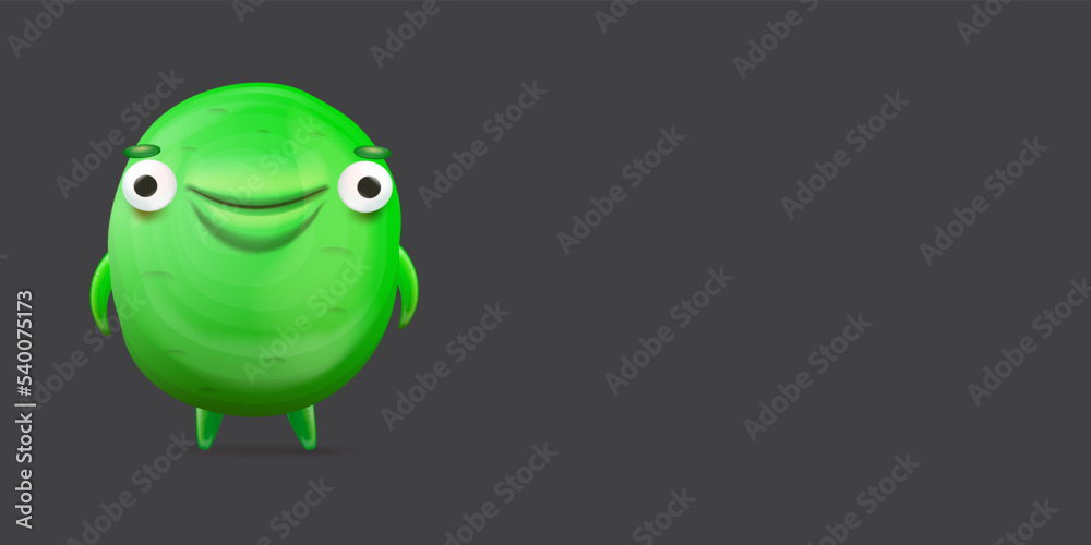 Vector cartoon funny green alien monster isolated on grey background. Smiling silly green monster print sticker design template. Cute Ghost, troll, gremlin, goblin, devil and halloween monster Vector cartoon funny green alien monster isolated on grey background. Smiling silly green monster print sticker design template. Cute Ghost, troll, gremlin, goblin, devil and halloween monster