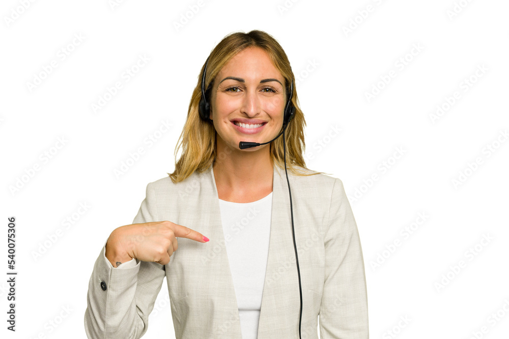 Telemarketer caucasian woman working with a headset isolated on green chroma background person pointing by hand to a shirt copy space, proud and confident Telemarketer caucasian woman working with a headset isolated on green chroma background person pointing by hand to a shirt copy space, proud and confident