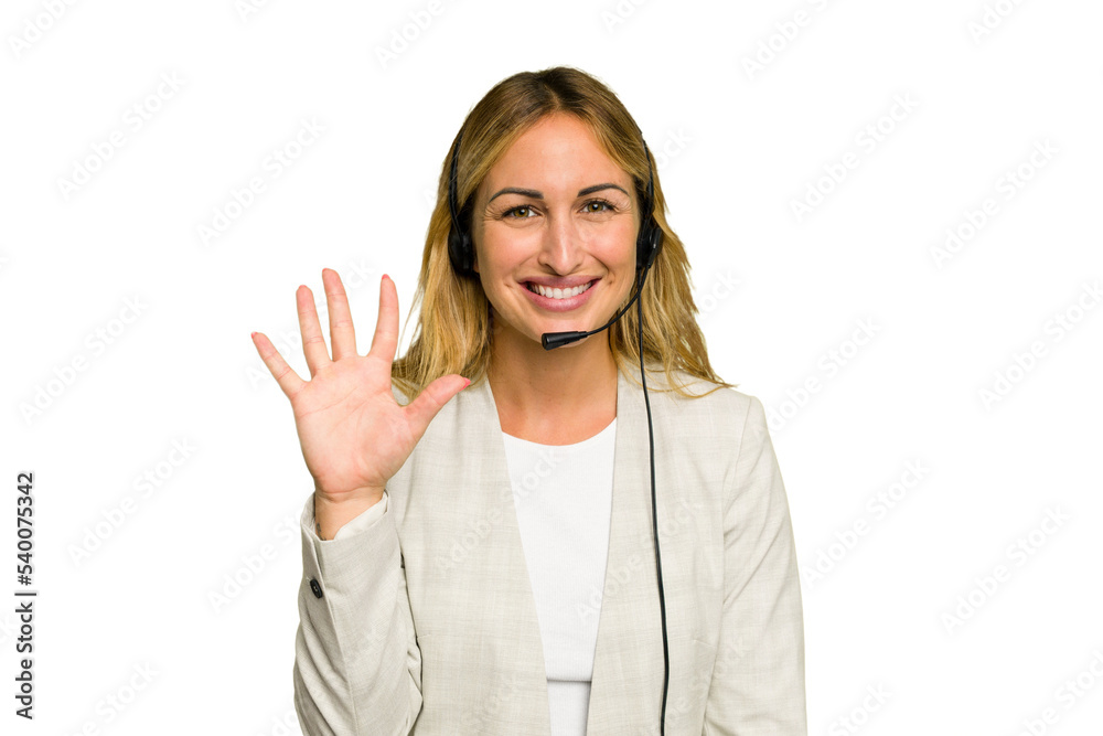 Telemarketer caucasian woman working with a headset isolated on green chroma background smiling cheerful showing number five with fingers. Telemarketer caucasian woman working with a headset isolated on green chroma background smiling cheerful showing number five with fingers.