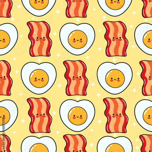 Pattern bacon and fried eggs. Vector hand drawn doodle style cartoon character illustration icon design. Pattern bacon and fried eggs friends concept