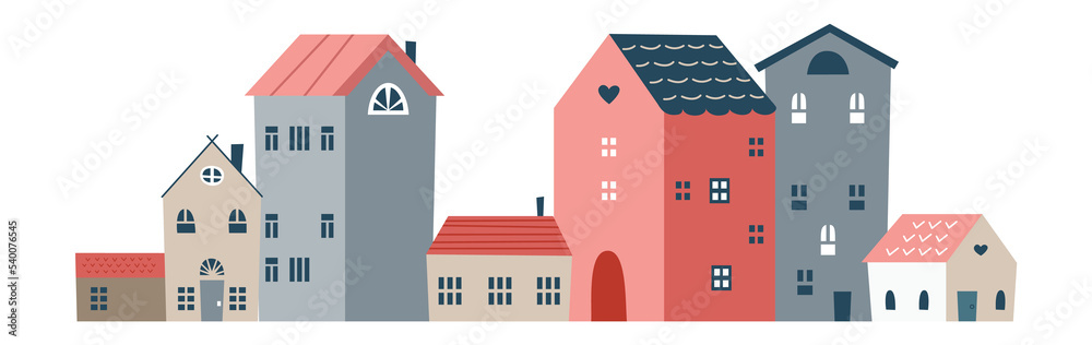 Cute town street. Cozy tiny houses in scandinavian style - obrazy, fototapety, plakaty 