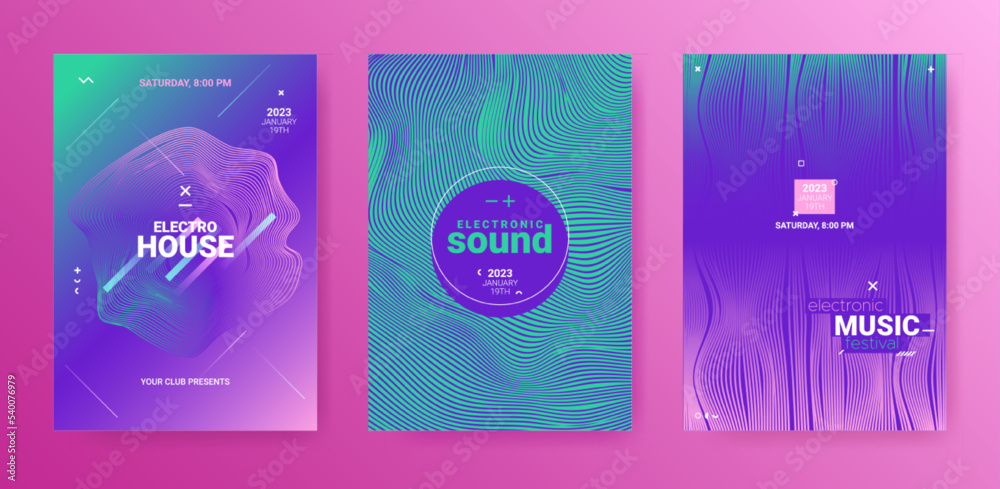 3d Dj Flyer. Electro Sound Cover. Techno Party Poster. Vector Edm Background. Futuristic Abstract Dj Flyer Set. Minimal Fest Banner. Gradient Wave Line. Psychedelic Dj Flyer.