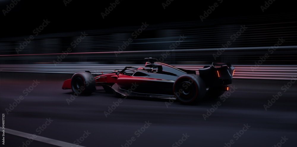 Modern generic sports racing car driving fast on a track with bright lights. Realistic 3d rendering