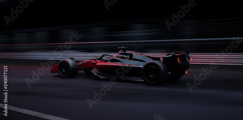 Modern generic sports racing car driving fast on a track with bright lights. Realistic 3d rendering © supamotion