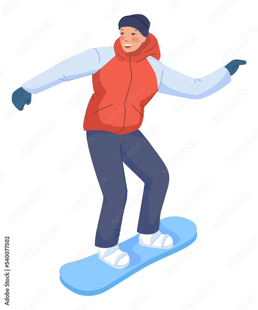 Young man on snowboard smiling. Winter extreme sport