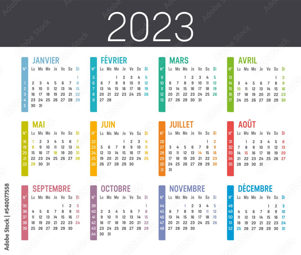 Vecteur Stock Calendrier Agenda 2023 couleur, avec numéros de semaine |  Adobe Stock