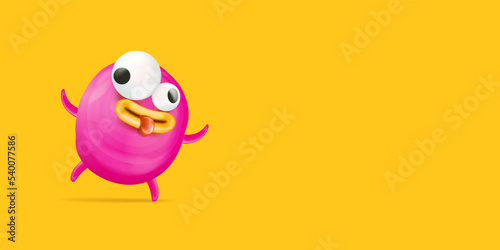 Vector cartoon funny pink alien monster isolated on orange background. Smiling silly pink monster print sticker design template. Cute Ghost, troll, gremlin, goblin, devil and halloween monster