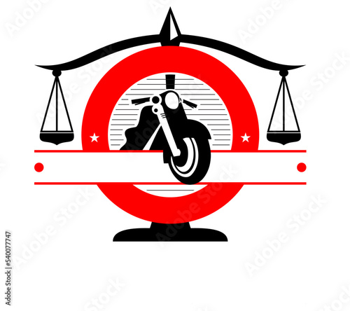 Motorcycle in a red circle with scales of justice in the background