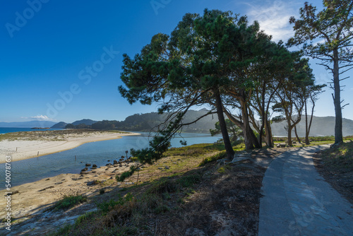 View of the Cies Islands with the beautiful beach of Rodas, in Galicia, Spain.  photo
