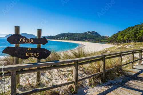 Beautiful Rodas beach in Cies Islands National Park in Vigo, Galicia, Spain.