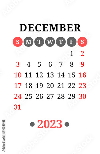 December calendar design 2023 year. English vector wall or pocket calender template. Week starts on Sunday